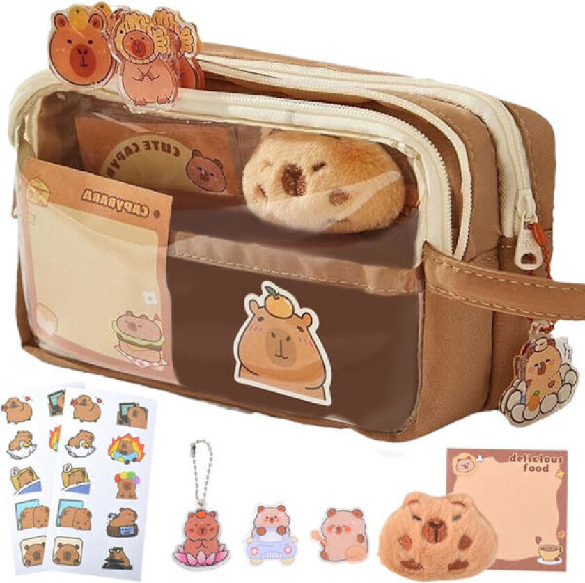 Capybara - Penal med stor kapasitet, transparent penal, søte penaler, søtt penal, skrivesaker, Brun