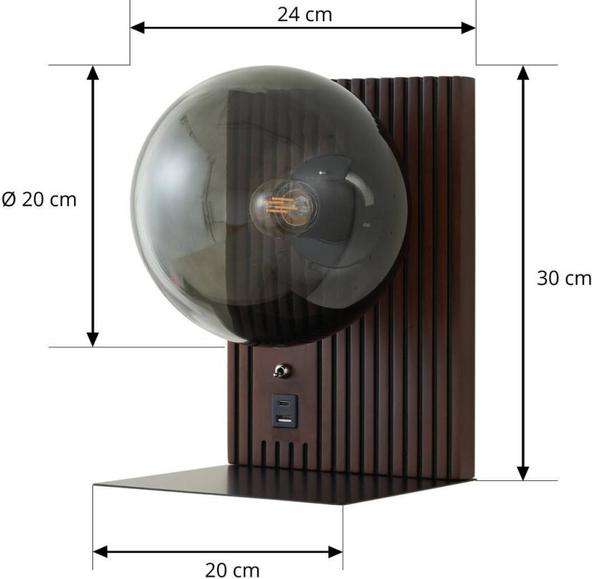 Lucande vegglampe Veloura, høyde 30 cm, glass, tre, USB