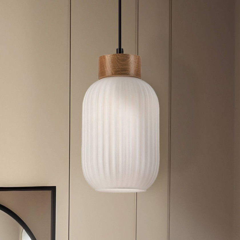 Hengelampe Harmony, Ø 14 cm, hvit/eik, glass/tre