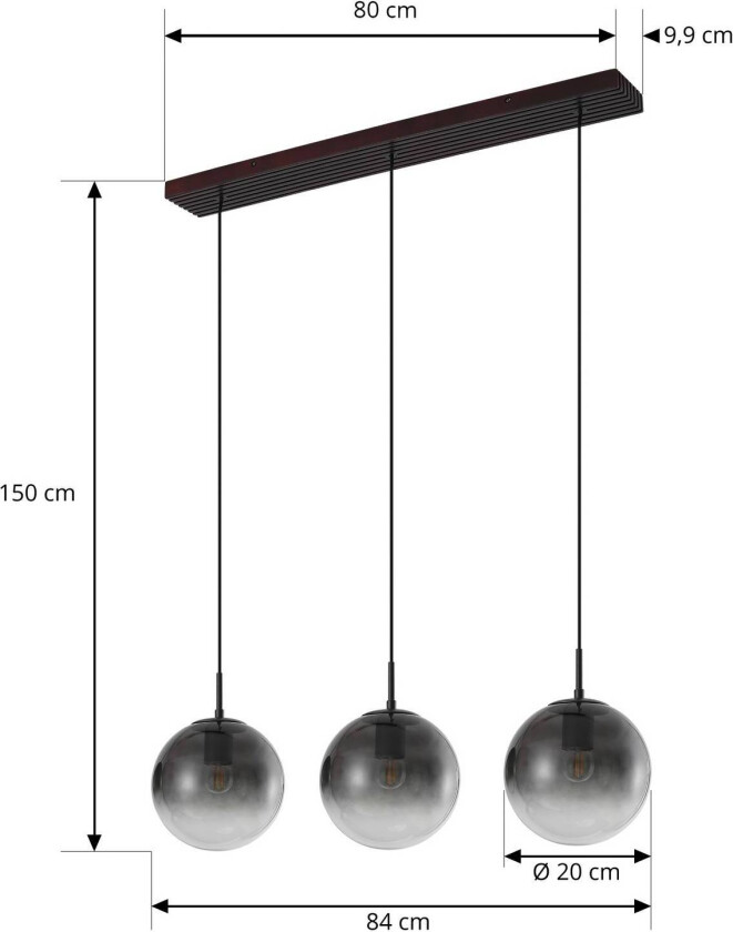 Lucande hengelampe Veloura, 3 lyskilder, 84 cm, glass, tre