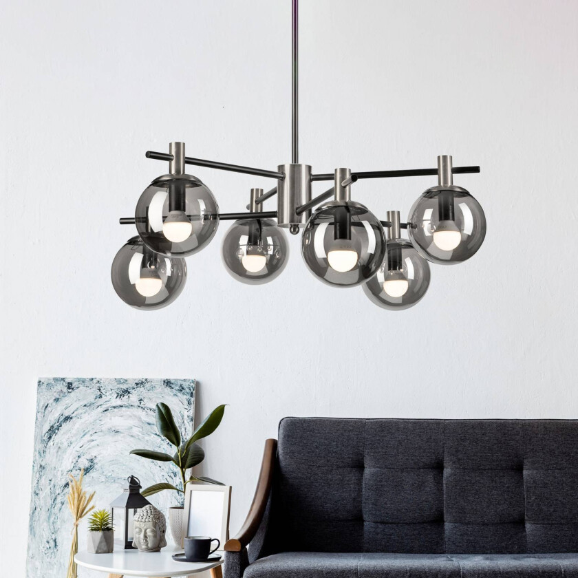 Taklampe Lilou, Ø 53cm, røykgrå, glass/metall, 6 lyskilder.