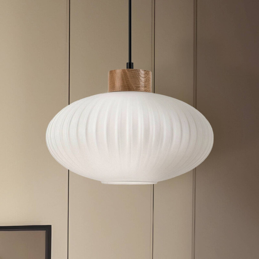 Hengelampe Harmony, Ø 25 cm, hvit/eik, glass/tre