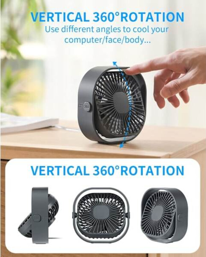 Skrivebordsvifte USB-vifter Liten stasjonær bordvifte Kjølende Mini Stille Vifte for Soverom Hjemmekontor Bil Nattbord, Personlig Stille Vifte med Kabel 360° Roterbar