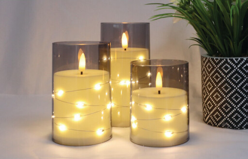 8 stk 3 LED-scene i røykfarget 3D-flamme og varmhvit lyslenke +6/18 TIMER