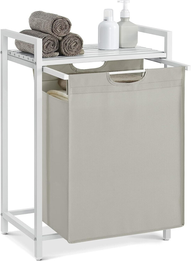 VASAGLE skittentøyskurv, med uttrekkbar og avtagbar vaskepose og 1 hylle - stoff og hvit MDF/stål