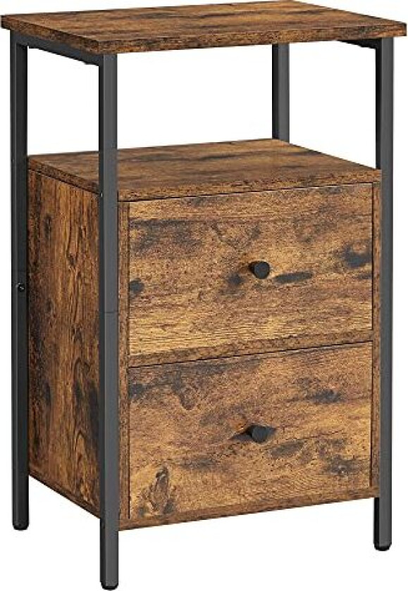 VASAGLE nattbord, m. 1 åpen hylle og 2 skuffer - rustikk brun sponplate og sort stål (38x28)
