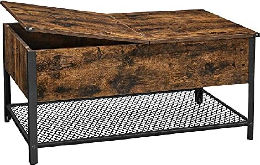 VASAGLE salongbord, med hengslet lokk og nettinglokk - rustikk brun sponplate og sort stål (100x55)