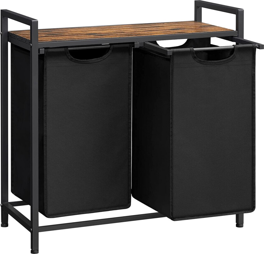 VASAGLE skittentøyskurv, m. 2 uttrekkbare uttakbare vaskeposer, 1 hylle - svart stoff og sort stål