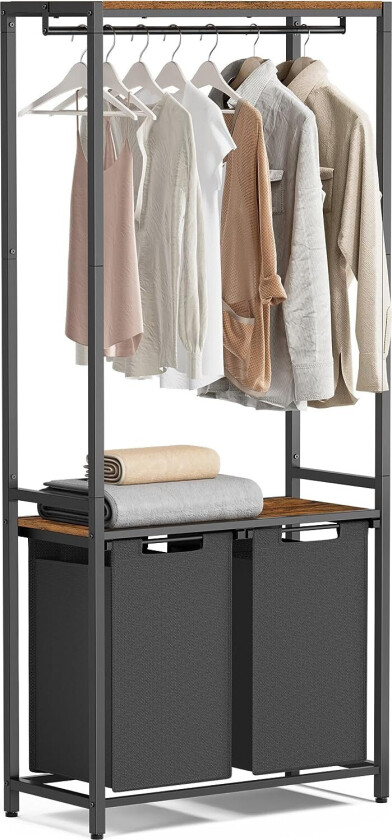 VASAGLE skittentøyskurv, m. 2 hyller, avtakbare foringer, opphengsstang - brun sponplate og sort stål