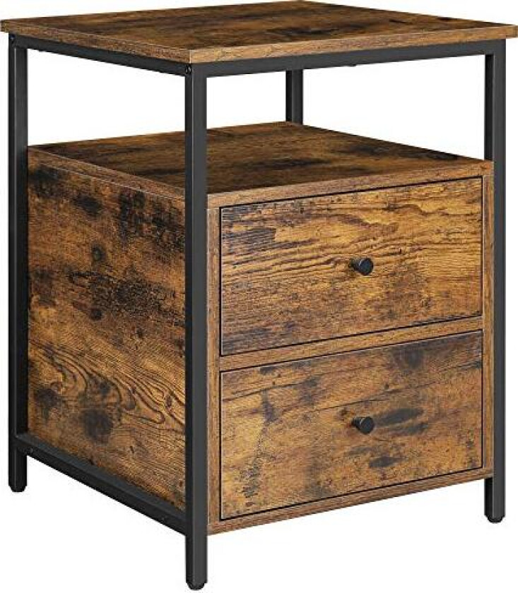 VASAGLE nattbord, m. 2 skuffer, firkantet - rustikk brun sponplate og sort stål (45x45)