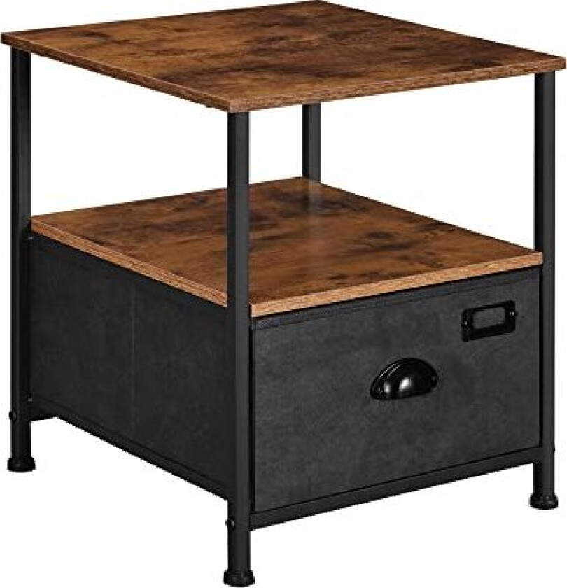 SONGMICS nattbord, m. 2 hyller og 1 skuff - rustikk brun MDF og svart imitert semsket skinn/metall (41x41)