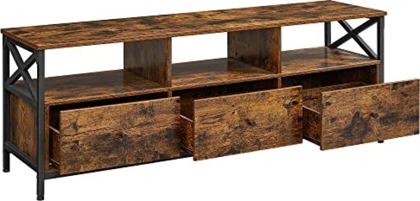 VASAGLE TV-bord, m. 3 åpne rom og 3 skuffer - rustikk brun sponplate og sort stål (147x40)