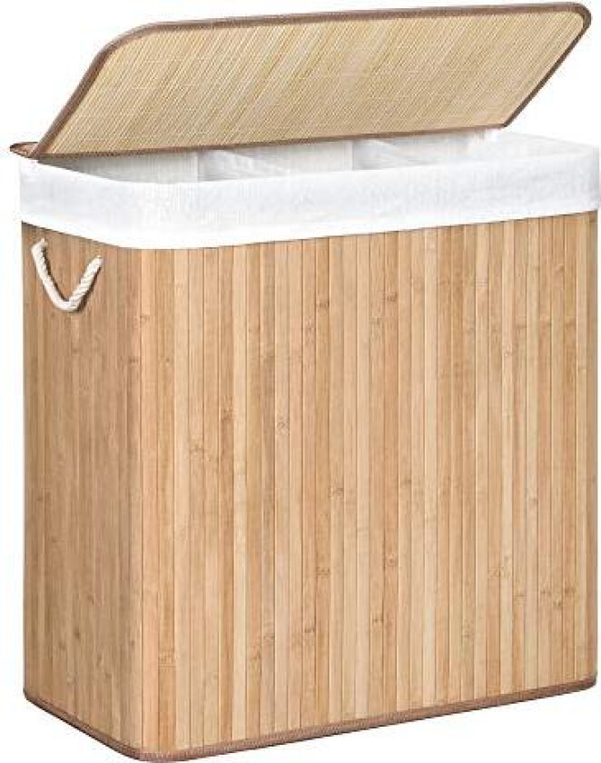 SONGMICS skittentøyskurv, m, 3 seksjoner, påklipslokk og håndtak - bomull og naturlig bambus