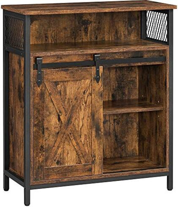 VASAGLE skjenk, m. 1 åpent rom, 1 skyvedør, 1 justerbar hylle - rustikk brun sponplate og sort stål