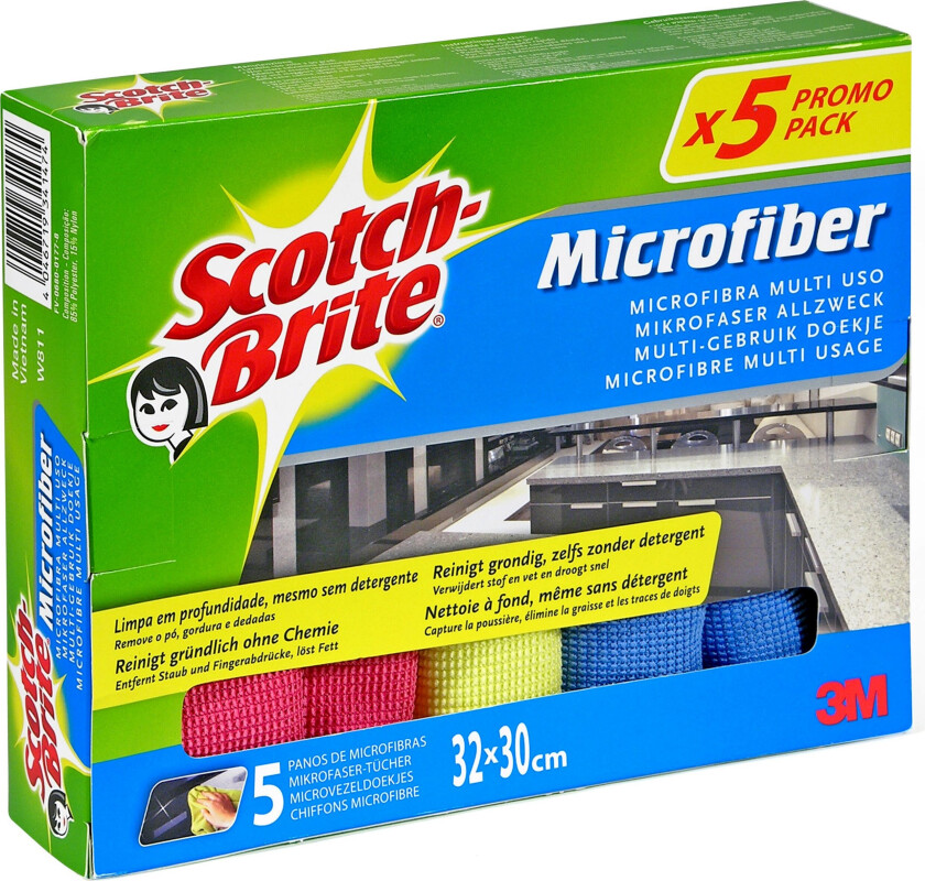 Bilde av Scotch-brite™ w-811 allround mikrofiberkluter, ass. Farger, 32 x 30 cm, 5-pakk