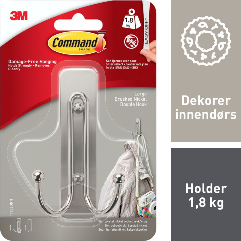 Bilde av Command™ stor dobbelt krok i børstet nikkel, 17036, 1 krok, 1 strips