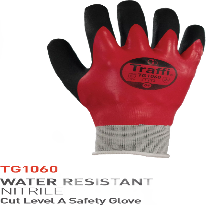 Cut A Vanntett Nitril Full Dip Hanske, Rød/Svart, 10 Par, STR-TG1060-RED-07, Størrelse 07