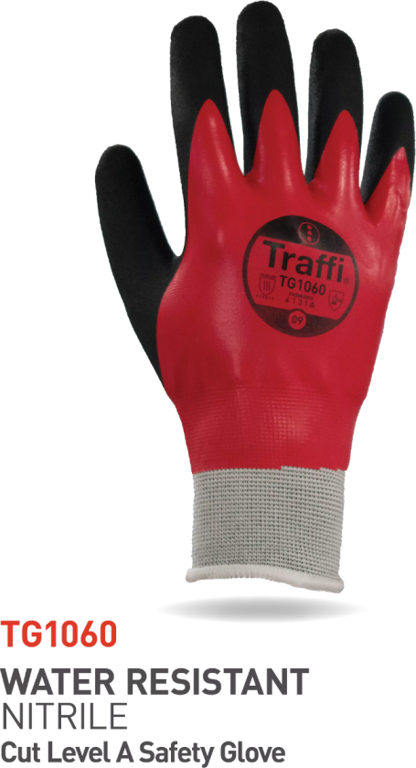 Cut A Vanntett Nitril Full Dip Hanske, Rød/Svart, 10 Par, STR-TG1060-RED-10, Størrelse 10