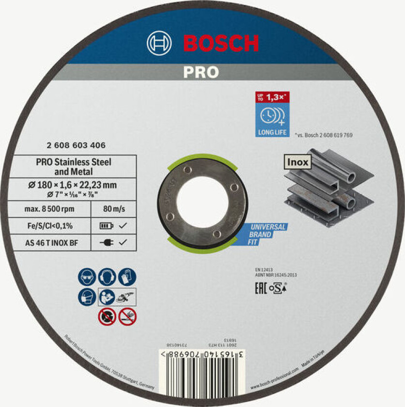 Slipe- og kappeskiver pro stainless steel and metal fiberbundet kappeskive, 180 x 1,6 x 22,23 mm, rett, osa