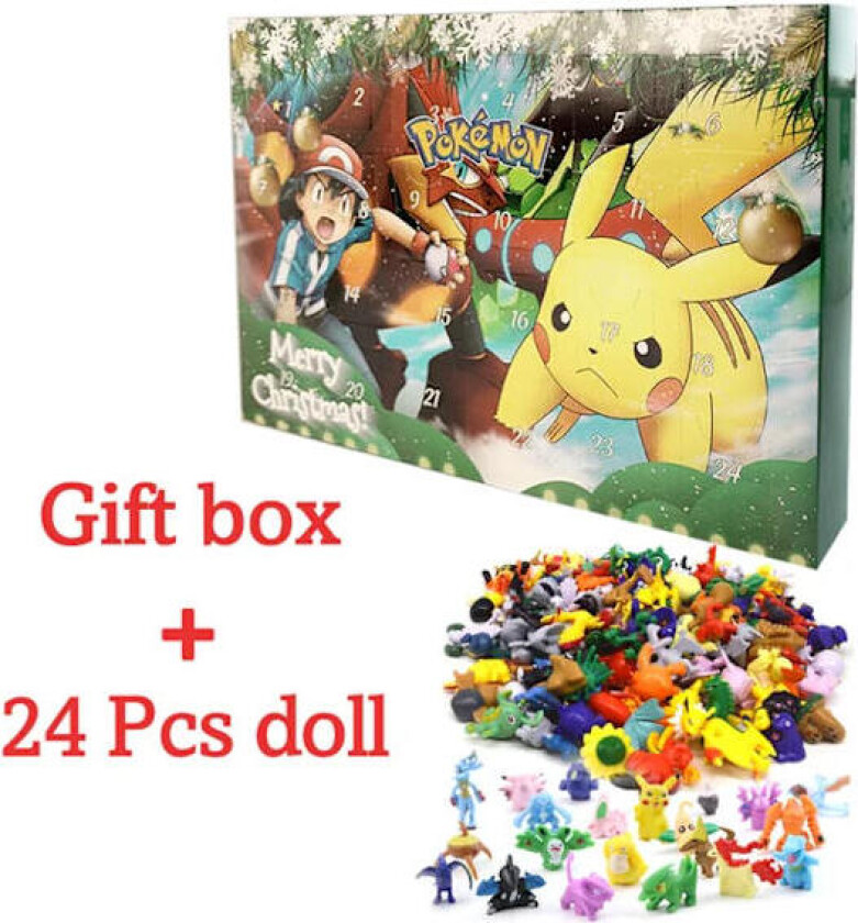 Ny Adventskalender med 24 julegaver - julespill for barn - figurer inkluderer 2” Pikachu, Bulbasaur, Charmander m.fl. E