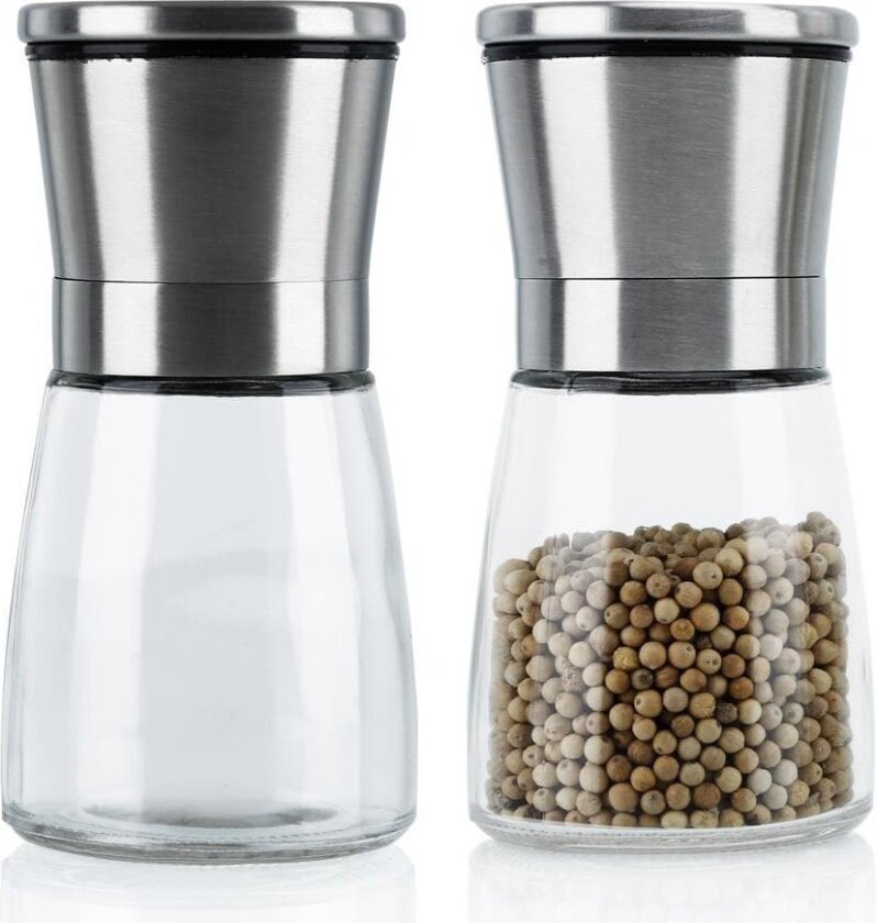 2x Pepperkvern krydderkvern i Silver Håndkvern i glass og rustfritt stål til kjøkkenet, perfekt til å male og knuse pepper, salt, krydder og mye mer