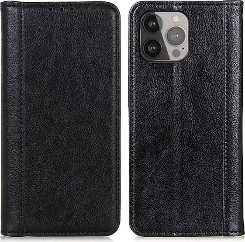 Ekte lærdeksel med magnetisk lukking for iPhone 13 Pro Max - Svart