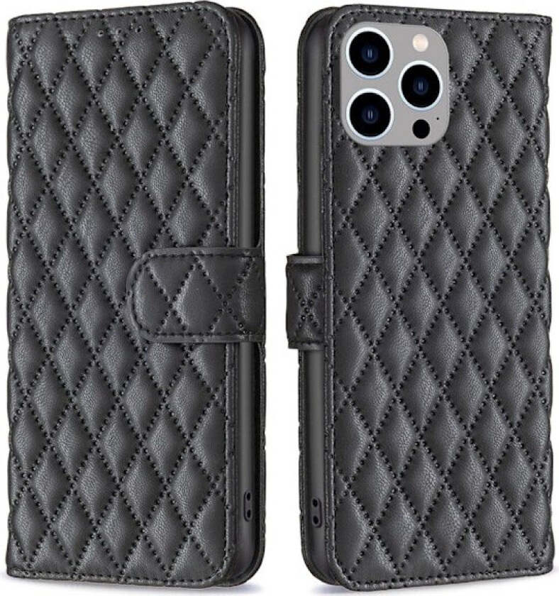 Rombemønster, matt flip-deksel for iPhone 14 Pro Max - Svart