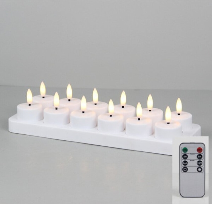 PChero Oppladbare LED Telys 12-pakning - Fjernkontroll & Timer for Fest/Dekorasjon 12 stk med ladestasjon