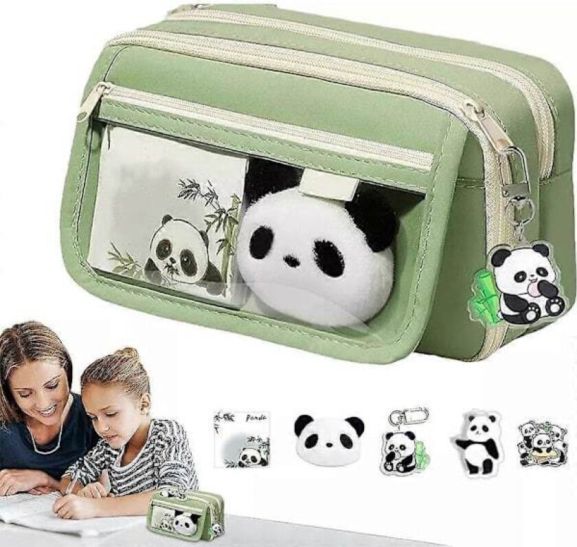 Stor Kapasitet Søtt Panda Penalhus - Estetisk Pennveske med Glidelås for Voksne, Panda Penalhus, Stor Kapasitet Pennveske grønn