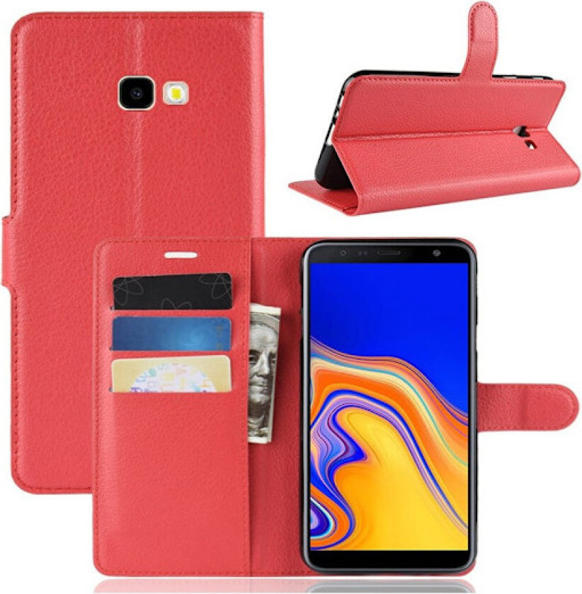 Samsung Galaxy J4 Plus beskyttelses deksel av syntetisk skinn med litchi tekstur - rød