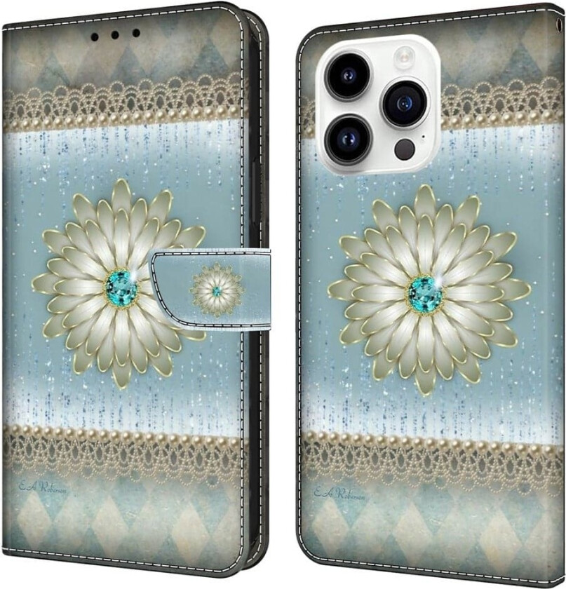 iPhone 16 Pro lommebokveske med mønstermønster som trykker på stativ, flip-telefondeksel i lær - Blå Diamantblomst