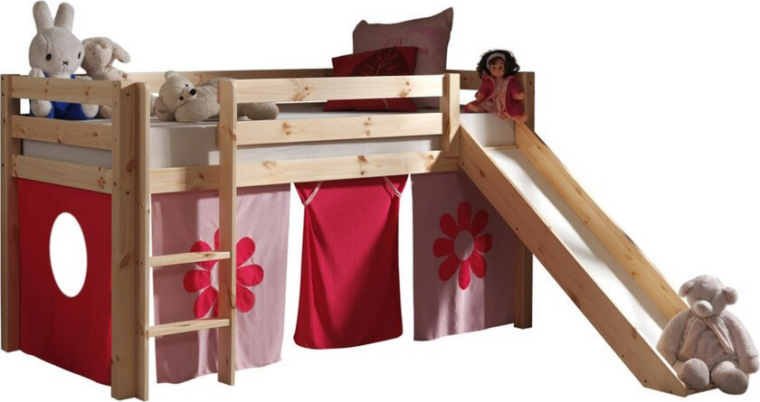 Høyseng med gardin og sklie Pino Naturlig, Rosa blomst - Naturlig, Rosa blomst