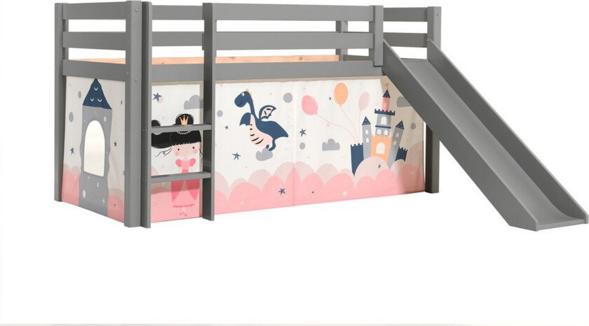 Høyseng med gardin og sklie Pino Grå, Prinsesse Sophie - Grå, Prinsesse Sophie