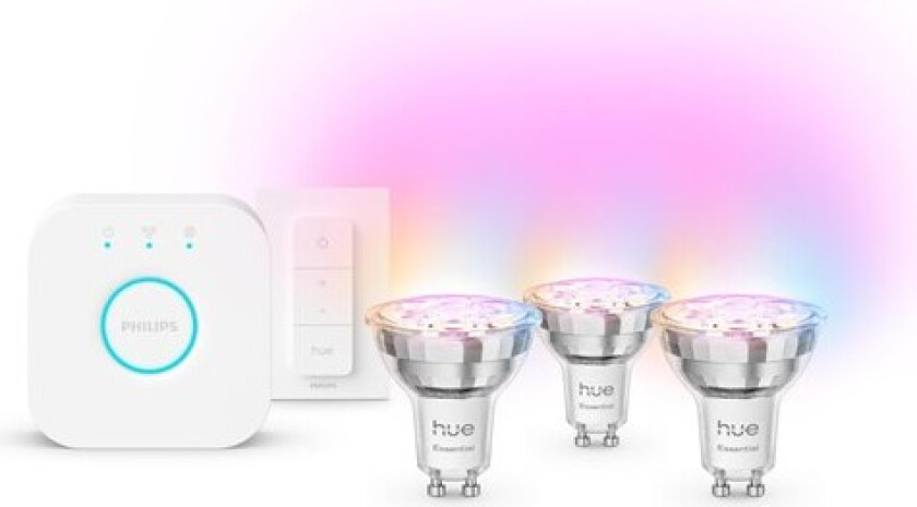 Bilde av Hue Essential startpakke: 3 GU10-lyspærer + Dimmer switch + Bridge
