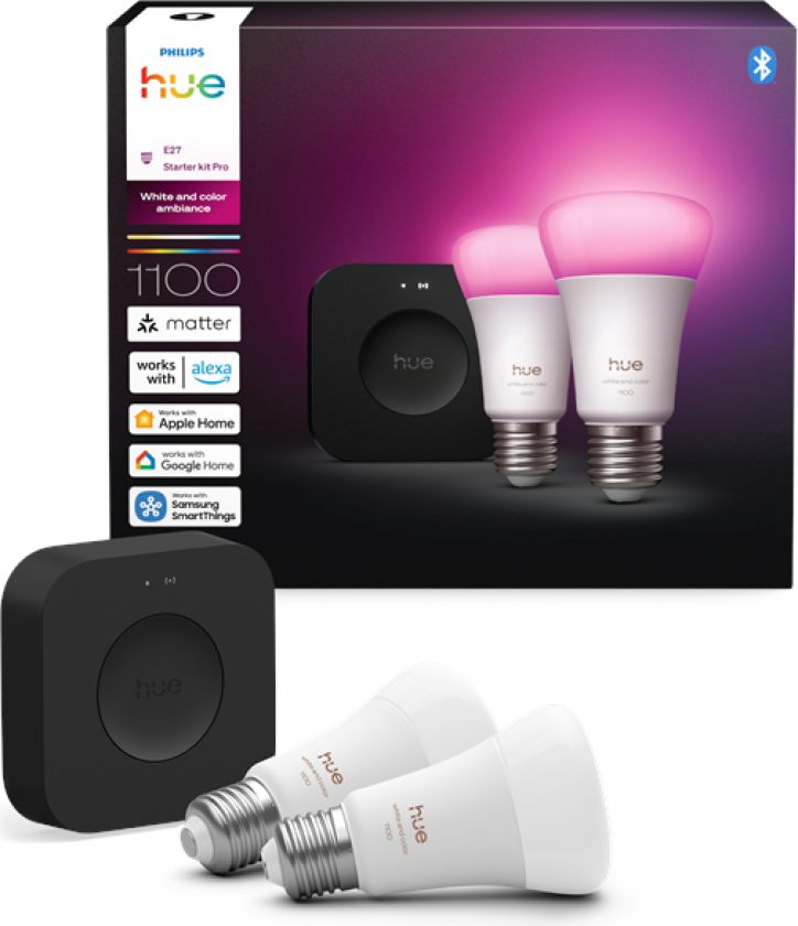 Hue Startpakke: 2 fargekompatible E27-smartpærer + Bridge Pro