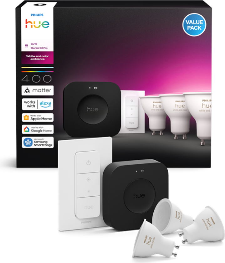 Hue Startpakke: 3 GU10-lyspærer + Dimmer switch + Bridge Pro