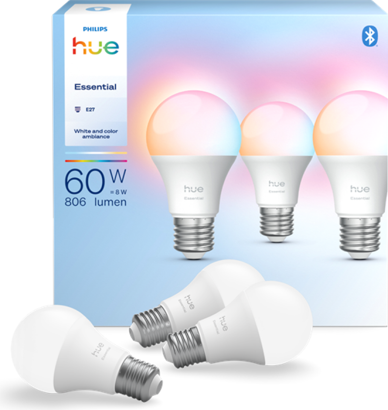 Hue Essential A60 - E27 smartlyspære - 806 lm - 8 W - 3-pakning