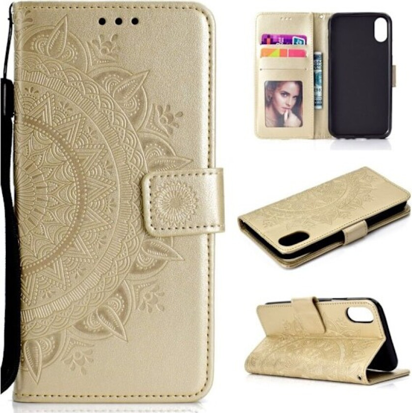 iPhone 9 beskyttelses deksel av syntetisk skinn med mandala avtrykk - gull
