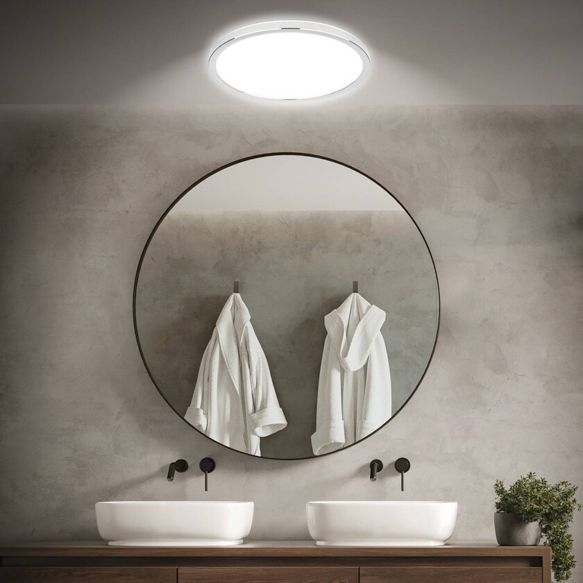 LED-taklampe til bad Pulap, Ø 42 cm, kromfarget/hvit metall