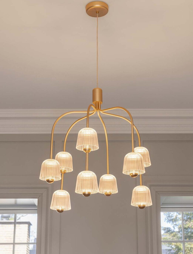 Asteea 9 lysekrone Ø66 - satin brass/rillet glass