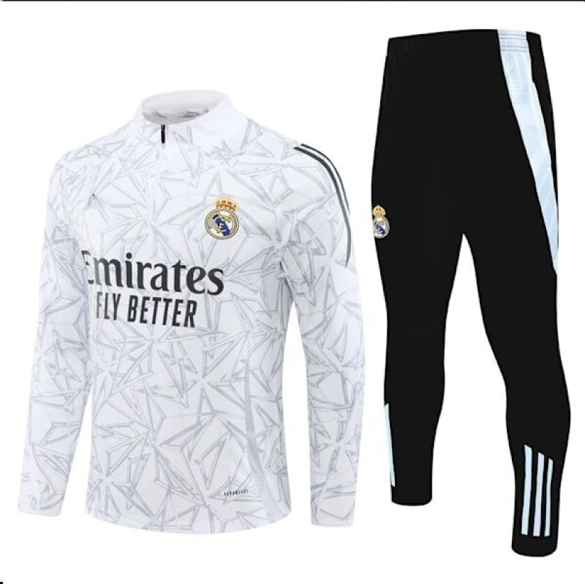 2425 Ny Real Madrid Fotball Langærmet Halv Zip Trening T-skjorte for Voksne og Barn Hvit og Grå - Perfekt White-gray 16