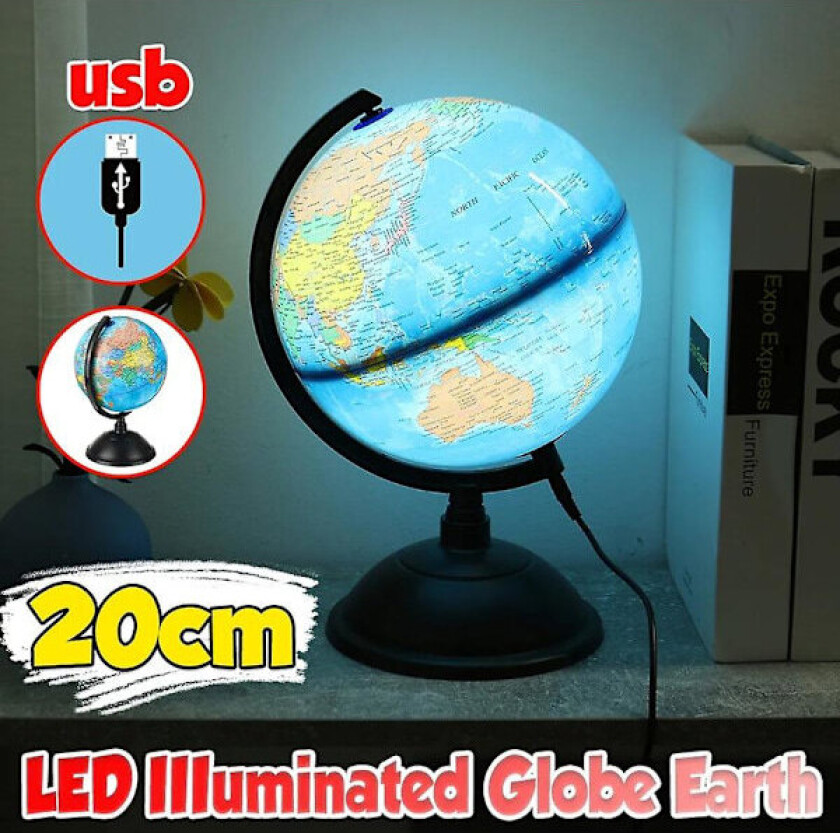 Roterende Verdensglobus LED-Lampe Opplyst Globus med USB Studier Lek Læring (FMY)