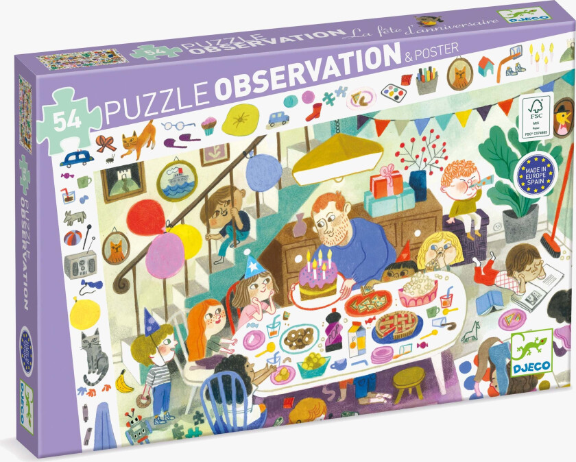 Observasjonspuslespill Bursdagsselskap 54 Brikker - Barnepuslespill - Tre
