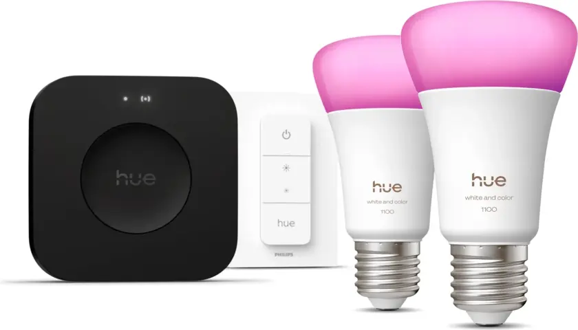 Hue White and color ambiance Startpakke: 2 E27-smartpærer + Dimmer switch + Bridge Pro