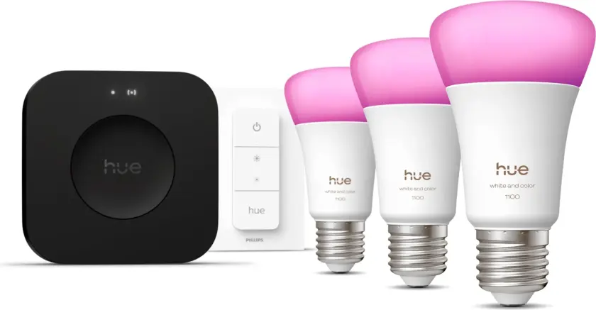 Hue White and color ambiance Startpakke: 3 E27-smartpærer + Dimmer switch + Bridge Pro