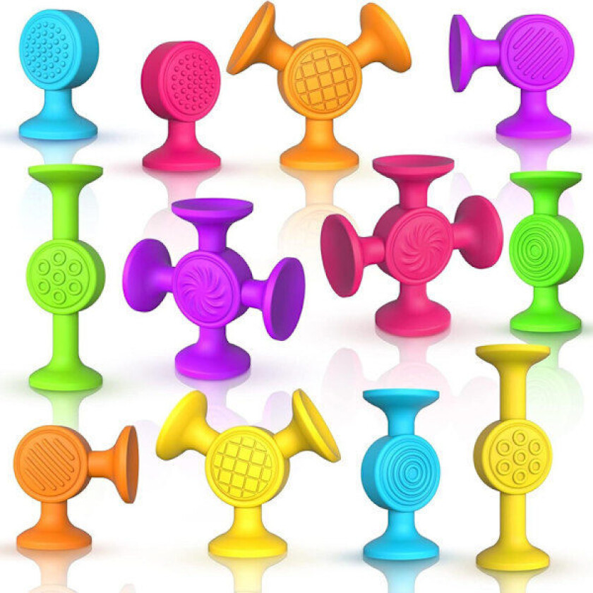 Fat Brain Toys Deluxe Sett - 12 Store Sugekopp Byggeklosser i Tilfeldige Farger, Sugekopp Badeleker, Tankeleker for Barn 3 År og Oppover