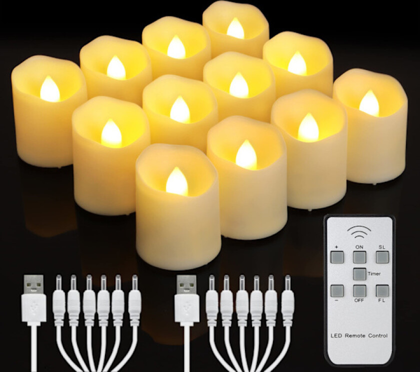 12 Pakning Oppladbare LED Telys med Fjernkontroll Timer, Flammende LED Lys, Bryllupsdekorasjon (USB Ladekabel Inkludert)