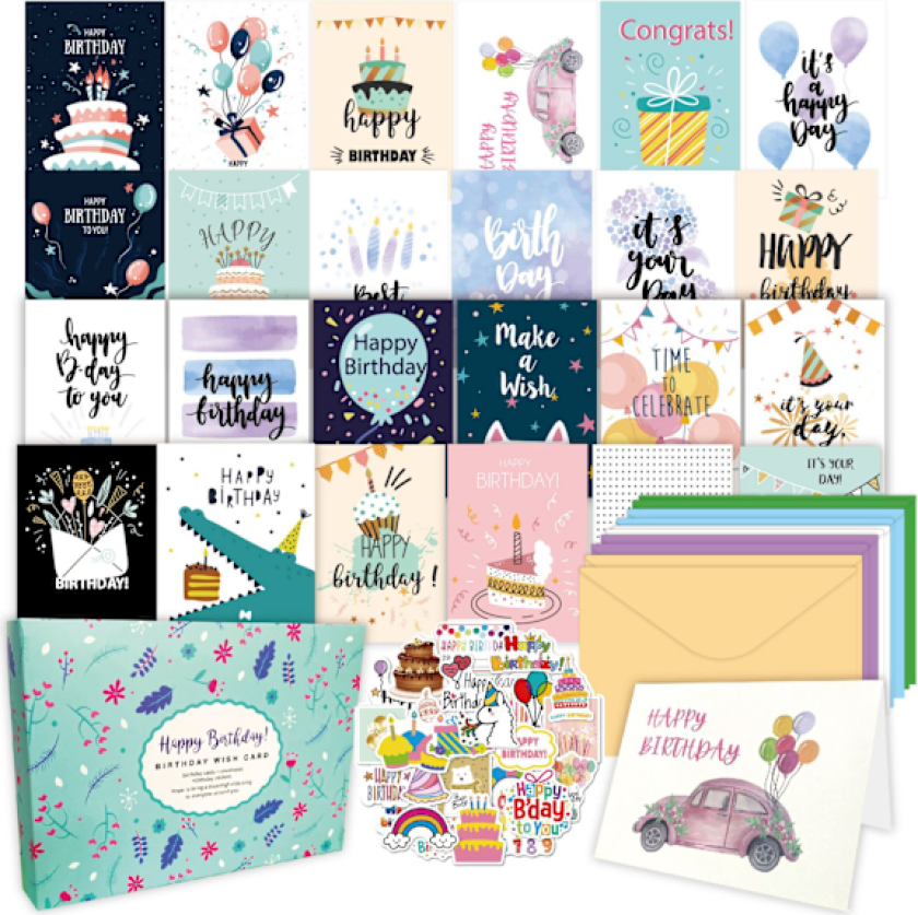 50 stk. Unike Bursdagskort med Konvolutter og Klistremerker, Gratulasjonskort Bursdagskort Pakke, Bursdag