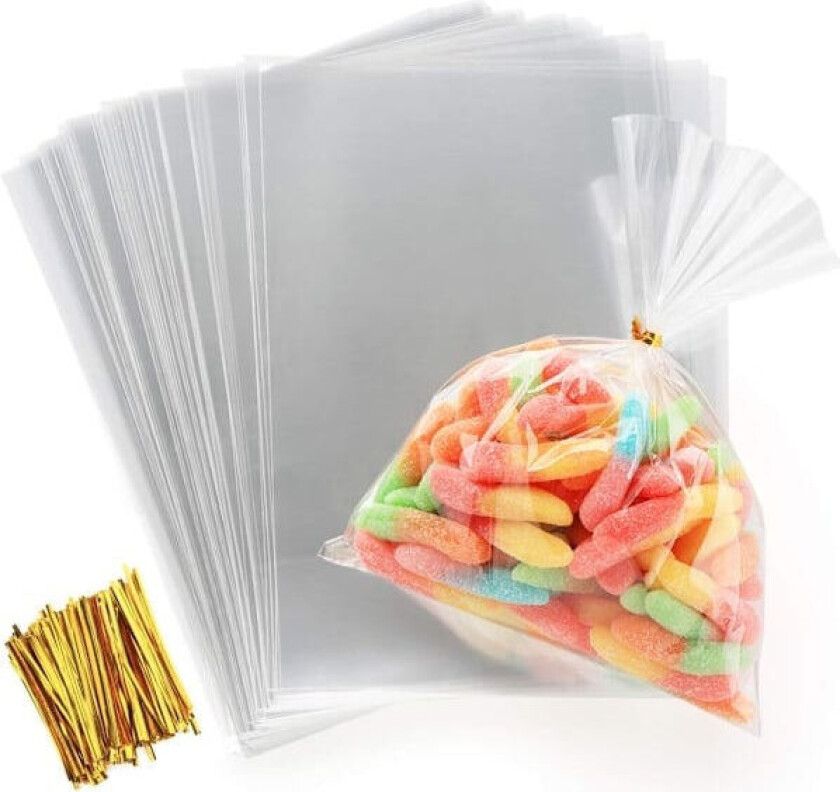 /HH/200 stk Klar Plastpose OPP-pose 15x20cm Cellofan Godtepose Transparent Gavepose med Twist Tie 10cm for