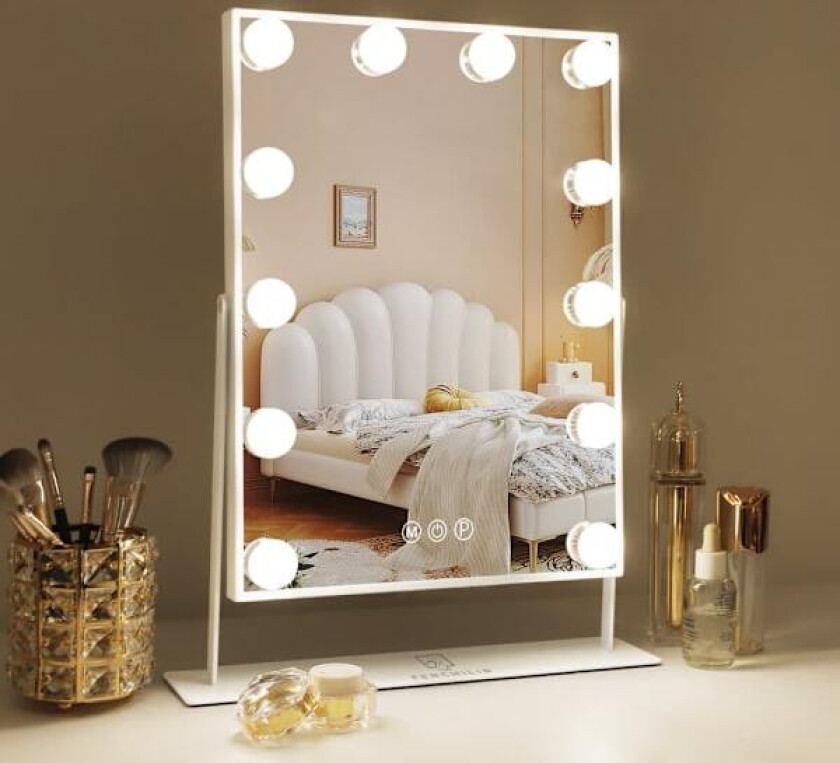 Bilde av Fenchilin Hollywood Sminkespeil med Lys, Forstørrelse, 360° Dreining, Bordplate, Hvit, 30 x 41 cm - A - Som Ny